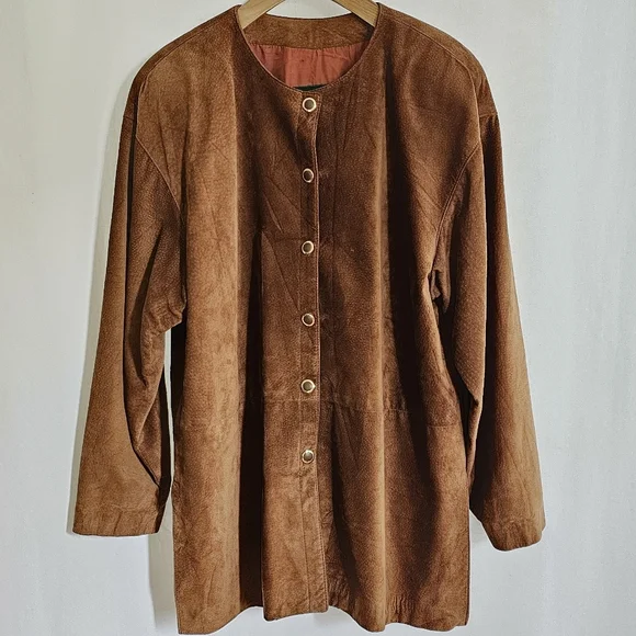 🇨🇦 Danier Leather Tobacco Brown Suede Button Long Coat Jacket - Picture 3 of 15